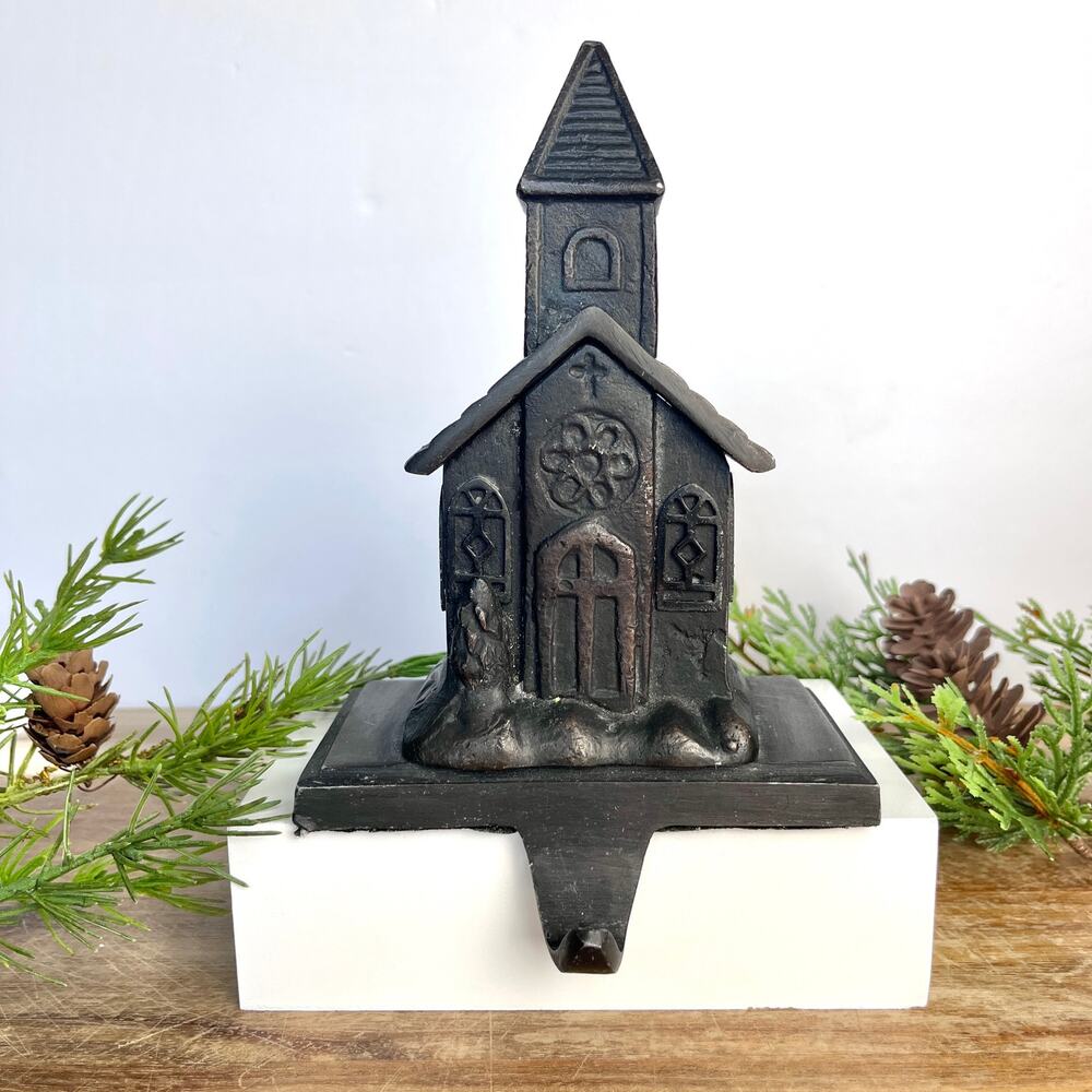 Vintage Church Shape Cast Metal Stocking Hanger Primitive Style Rustic Finish